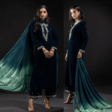 ZAB Embroidered Velvet Dress with Embroidered Karandi Shawl - zab990